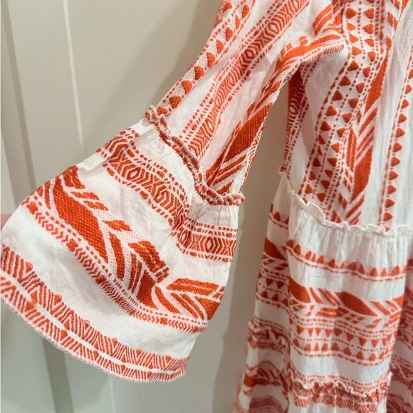 Elan Clara Orange White Embroidered Boho Mini Dress Bell Sleeve Pockets S - Picture 6 of 9